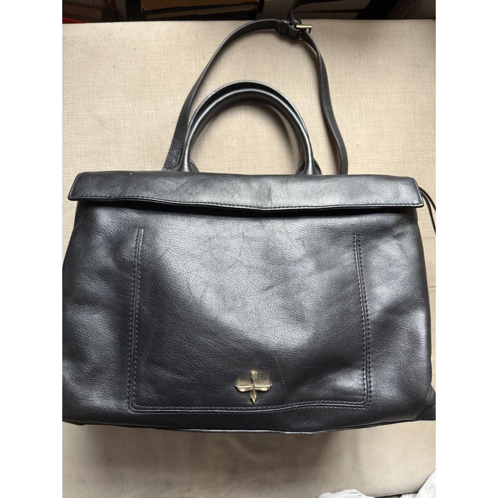 Pour La Victoire Black Leather Convertible Satchel Shoulder Bag Crossbody